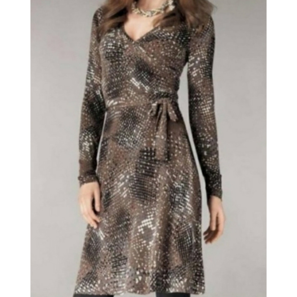 Cabi Dappled Dots Stretch Jersey Faux Wrap Dress Taupe Women's M